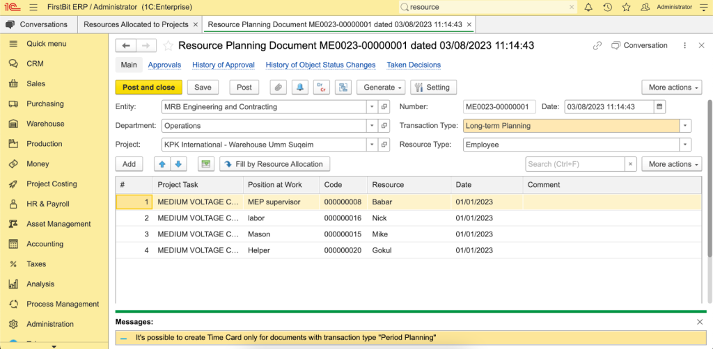 Resource planning document