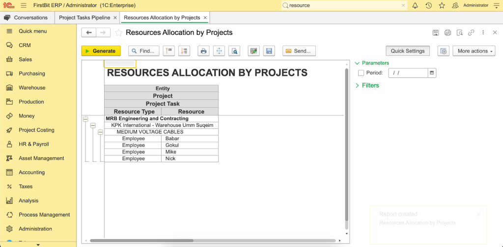 Resource allocation in FirstBit ERP